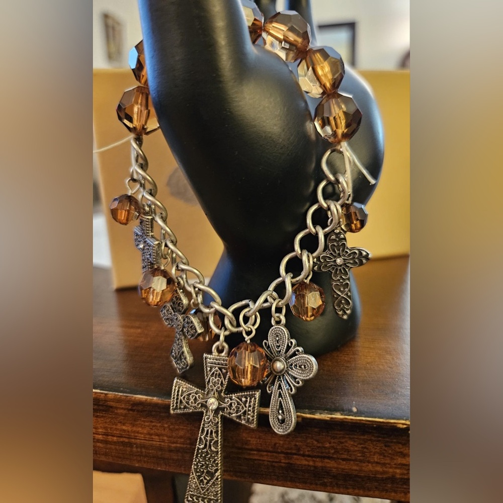 Silver color bracelet with 5 crosses ✝️ and brown color stones